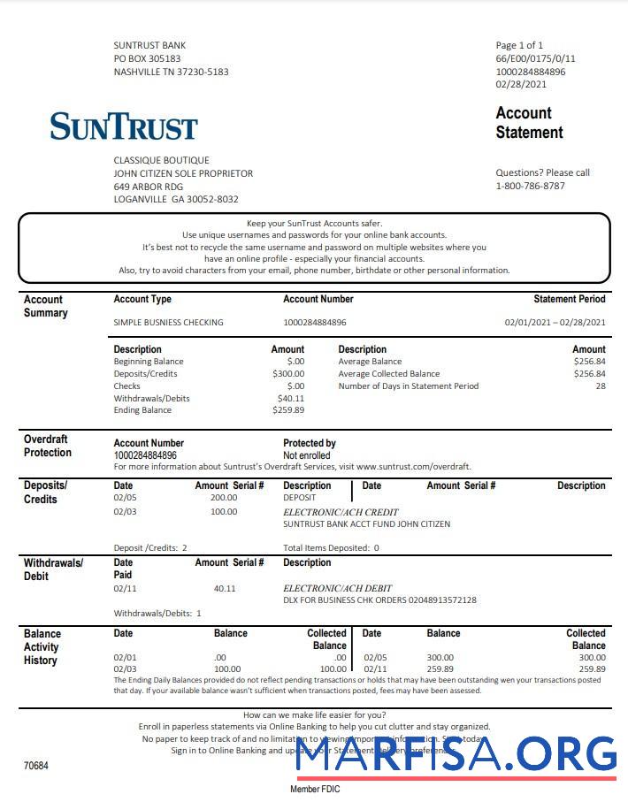 Downloadable USA Georgia SunTrust bank proof of address statement word example